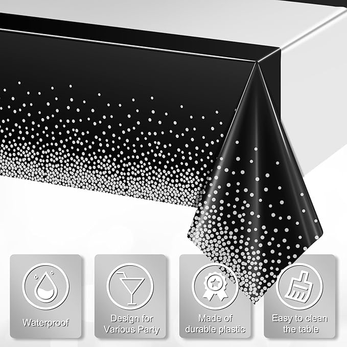 1Pcs Black Silver Tablecloth Party Decorations,Plastic Black Table