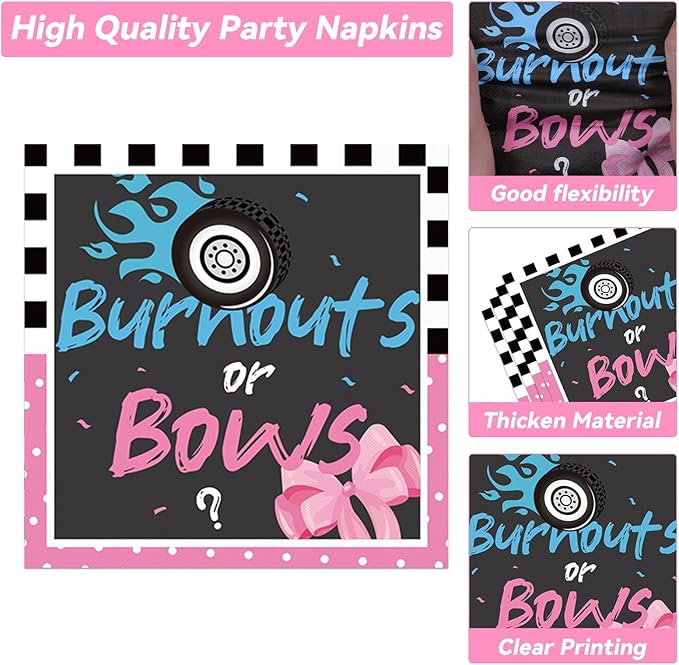 50 Guests Burnouts or Bows Gender Reveal Plates and Napkins Party