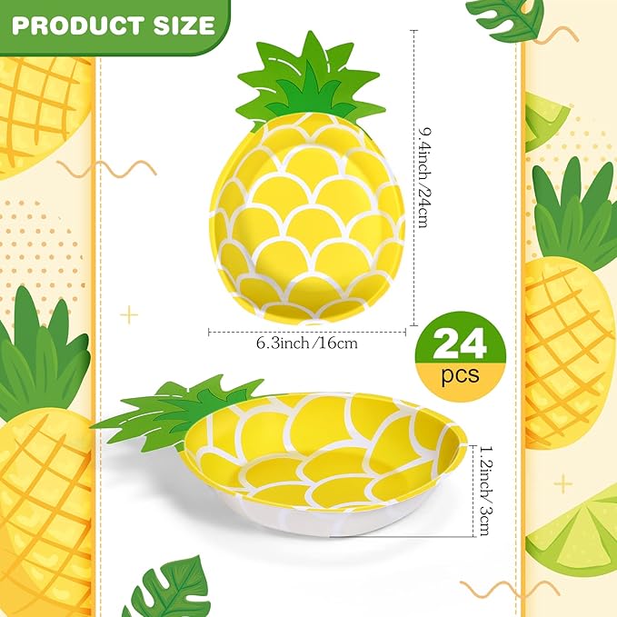 24 Pcs Yellow Pineapple Plates Hawaiian Tropical Luau Party Plates