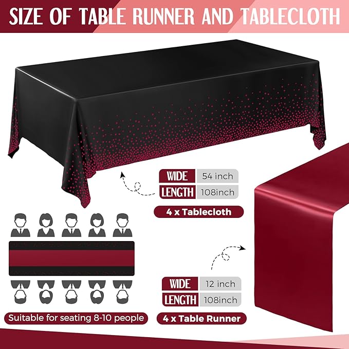 Breling 8 Pack Black and Maroon Disposable Plastic Tablecloths and