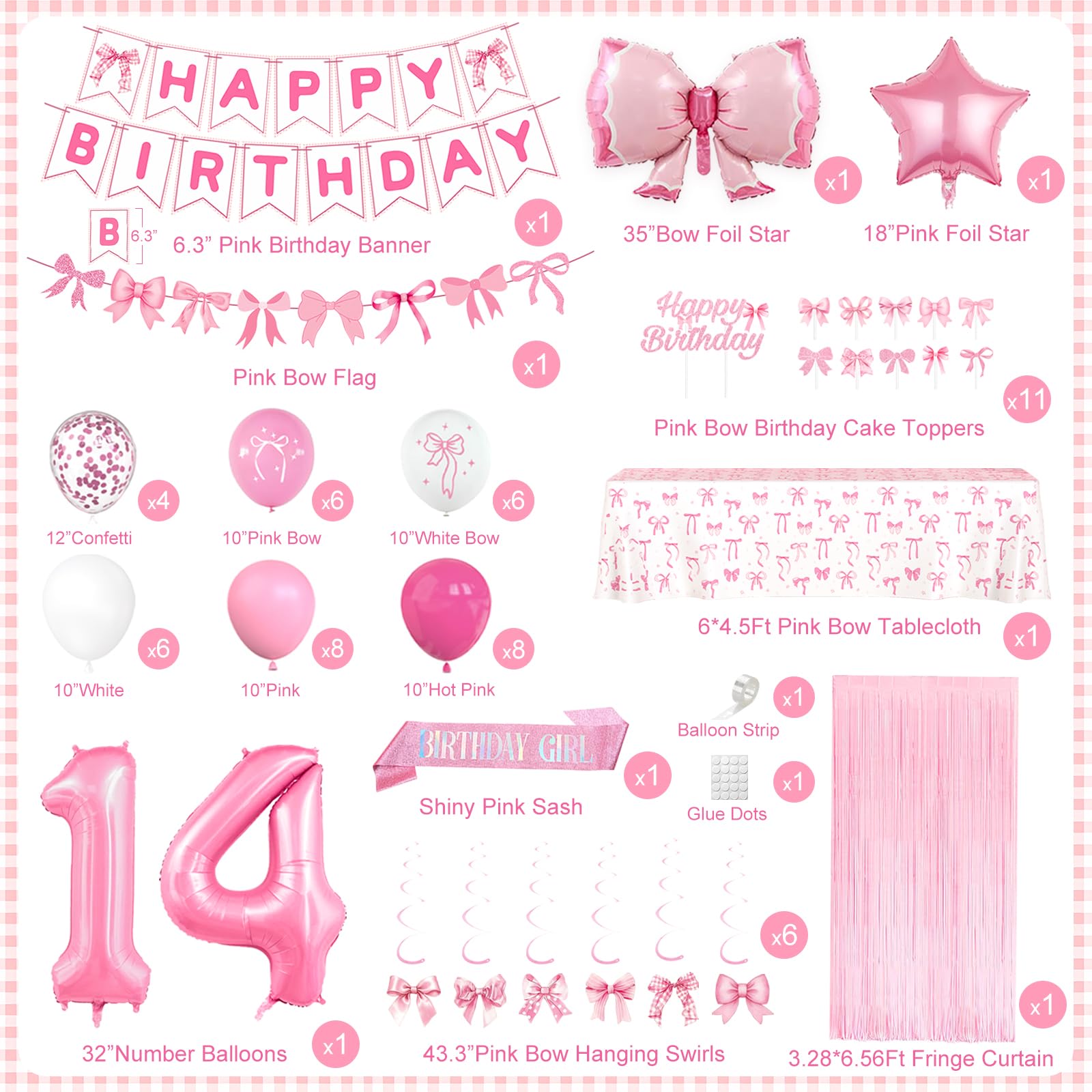 14th Pink Birthday Decorations for Girls, Pink Bow Coquette Birthday