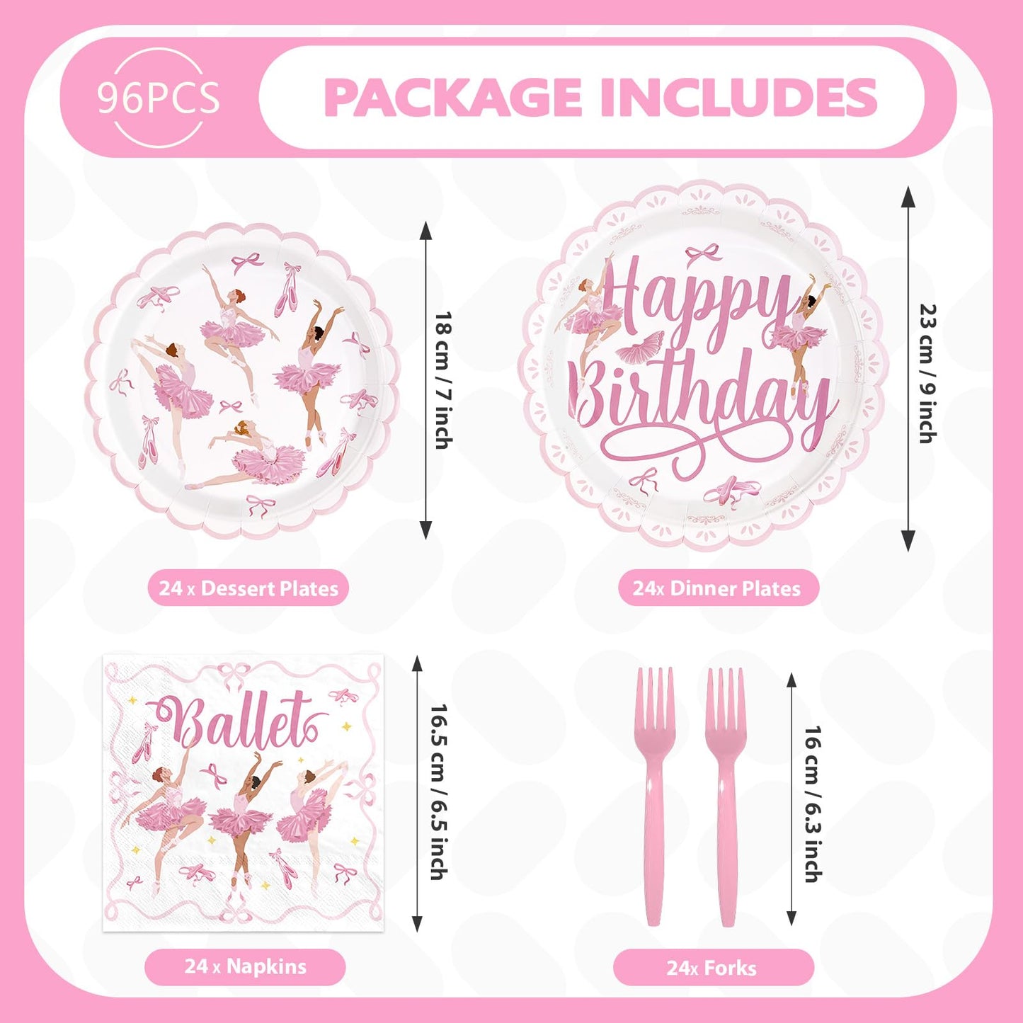 Greencian 96Pcs Ballerina Birthday Party Supplies Pink Dancing Girl