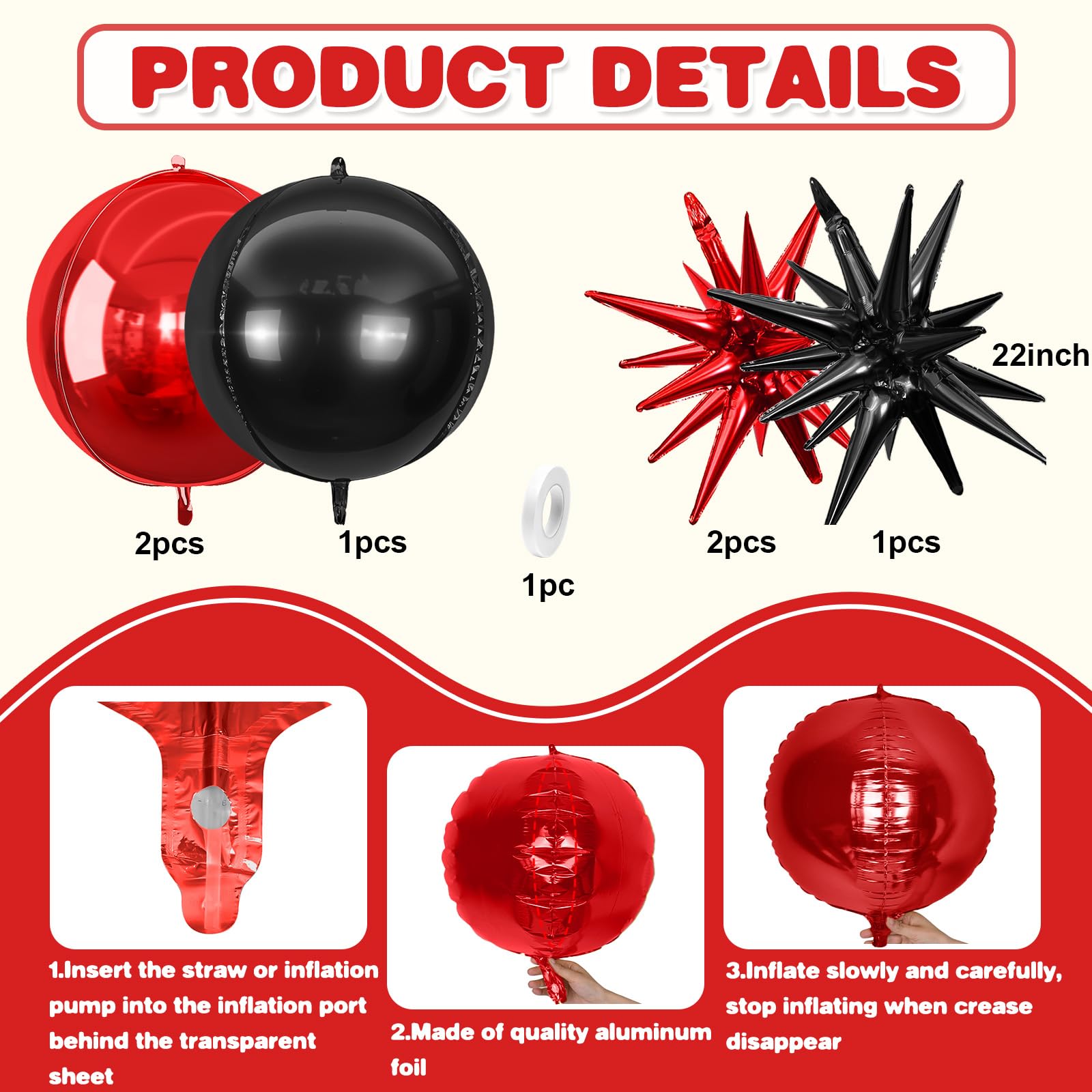 6Pcs Black Red Foil Balloons,22Inch Black Red 4D Round Ball Balloon