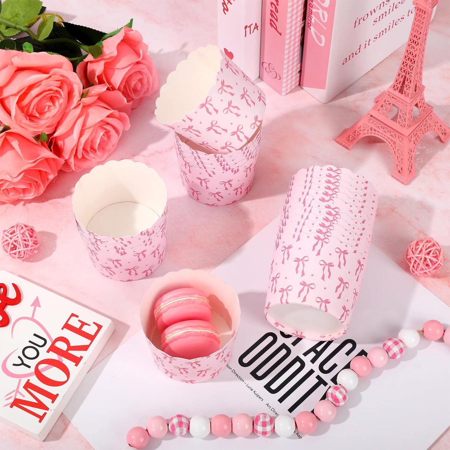 JarThenaAMCS 100Pcs Pink Bow Paper Baking Cups Bowknot Cupcake