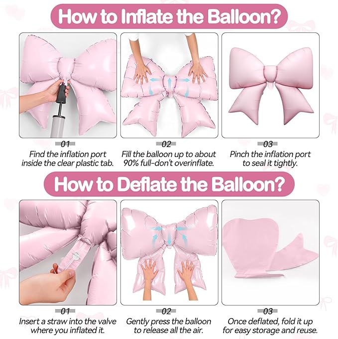 Biapian 6 Pcs Pink Bow Balloons, 38 Inch Giant Bow Foil Balloons,