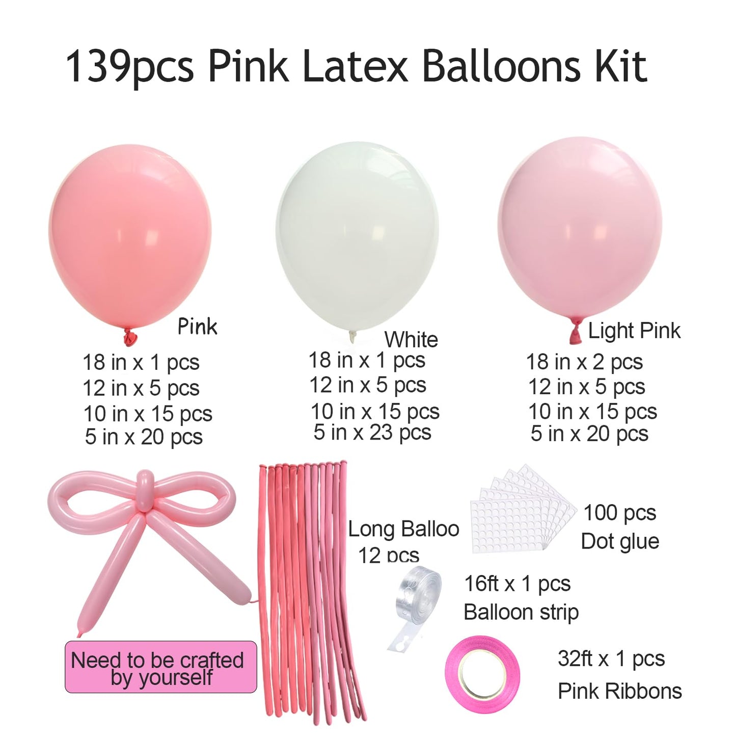 Pink Balloons Arch Kit, 139 Pcs Pink Light Pink White Bow Latex