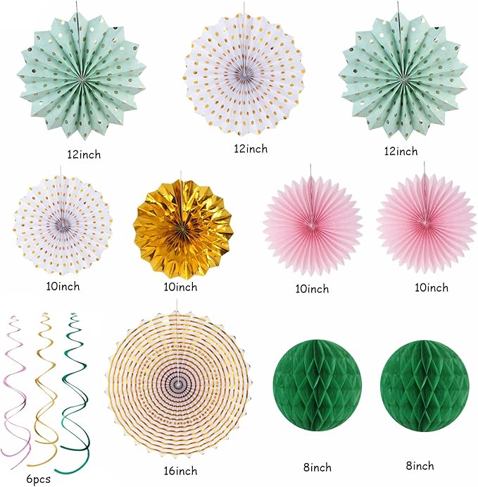 Sage Green Pink Gold Party Decorations 33pcs Kits Tissue Pom Poms