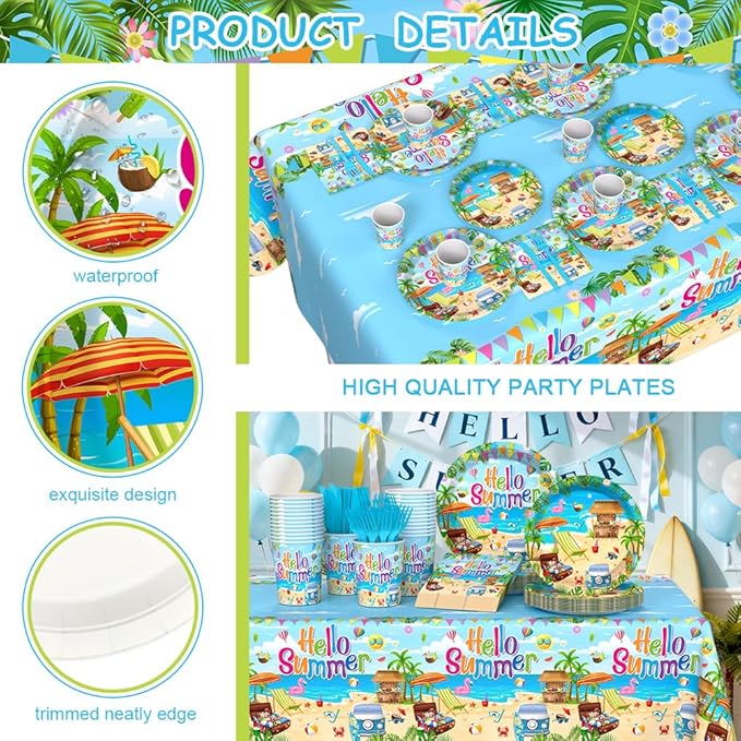 145PCS Hello Summer Party Decorations Summer Beach Paper Plates Cups