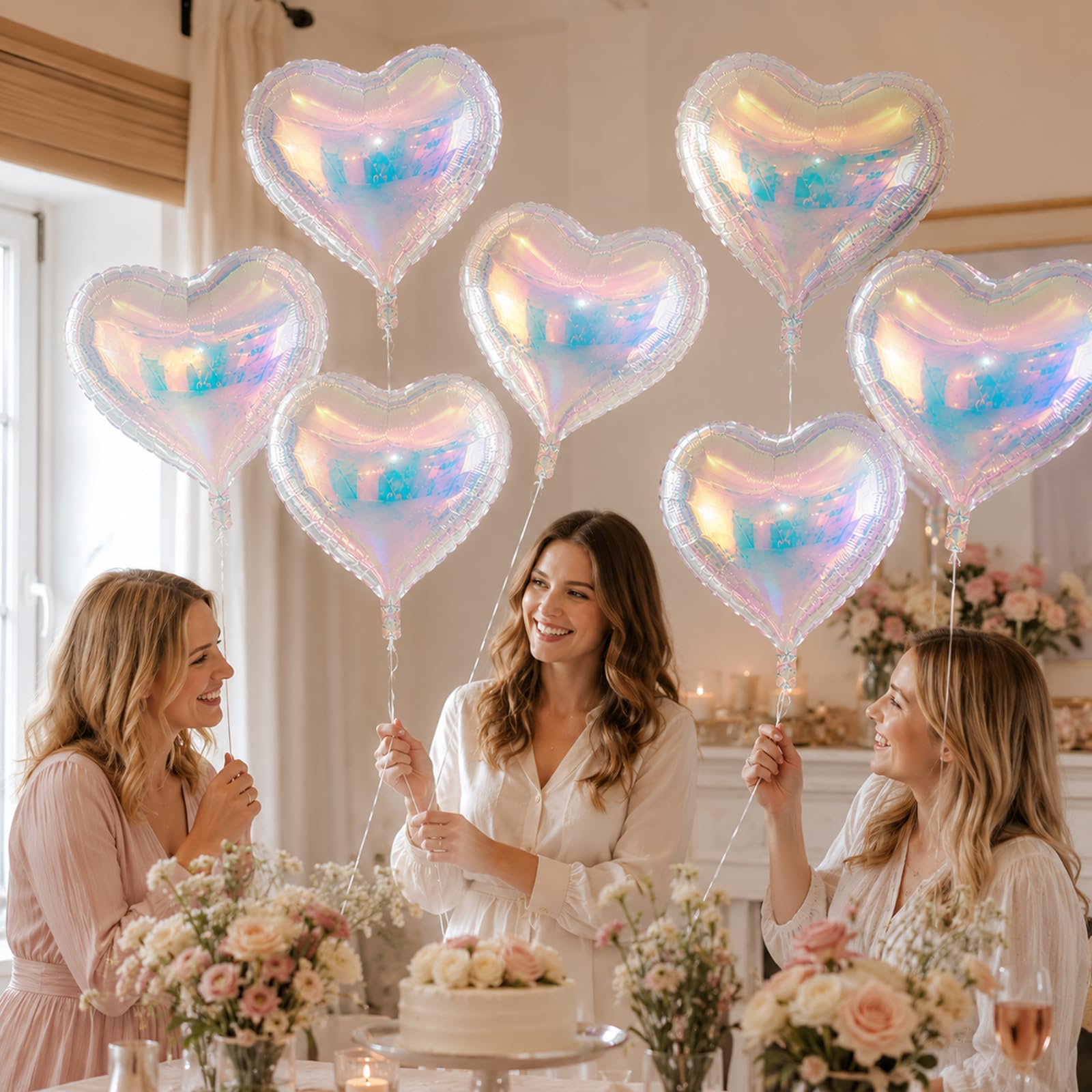 Iridescent Heart Balloons, 10 Pcs 18 Inch Transparent Holographic Foil