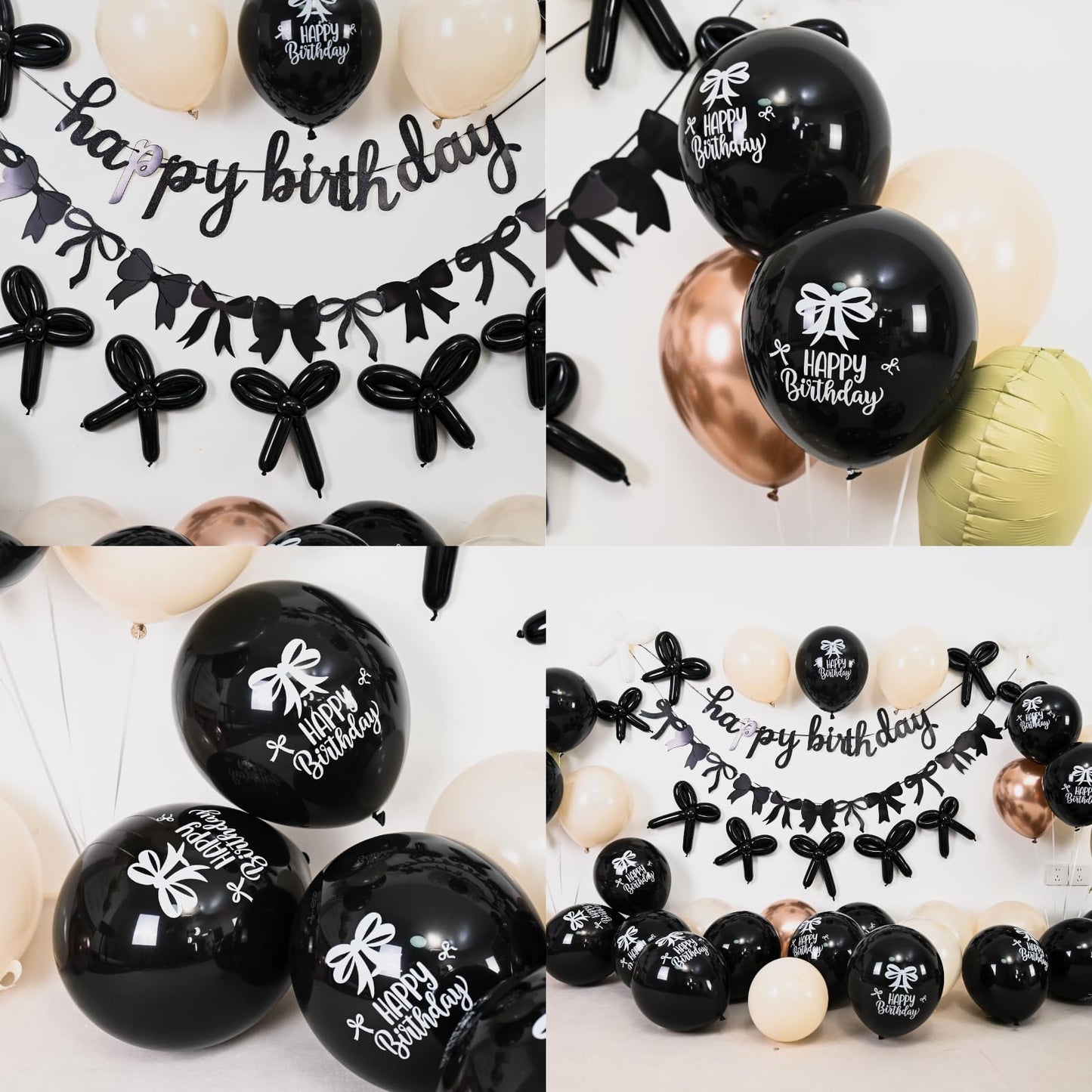 Black Gold Sand White Bow Birthday Decorations, Coquette Party Decor