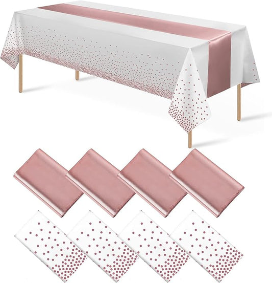 8Pack Disposable Plastic Tablecloths and Satin Table Runner Set White