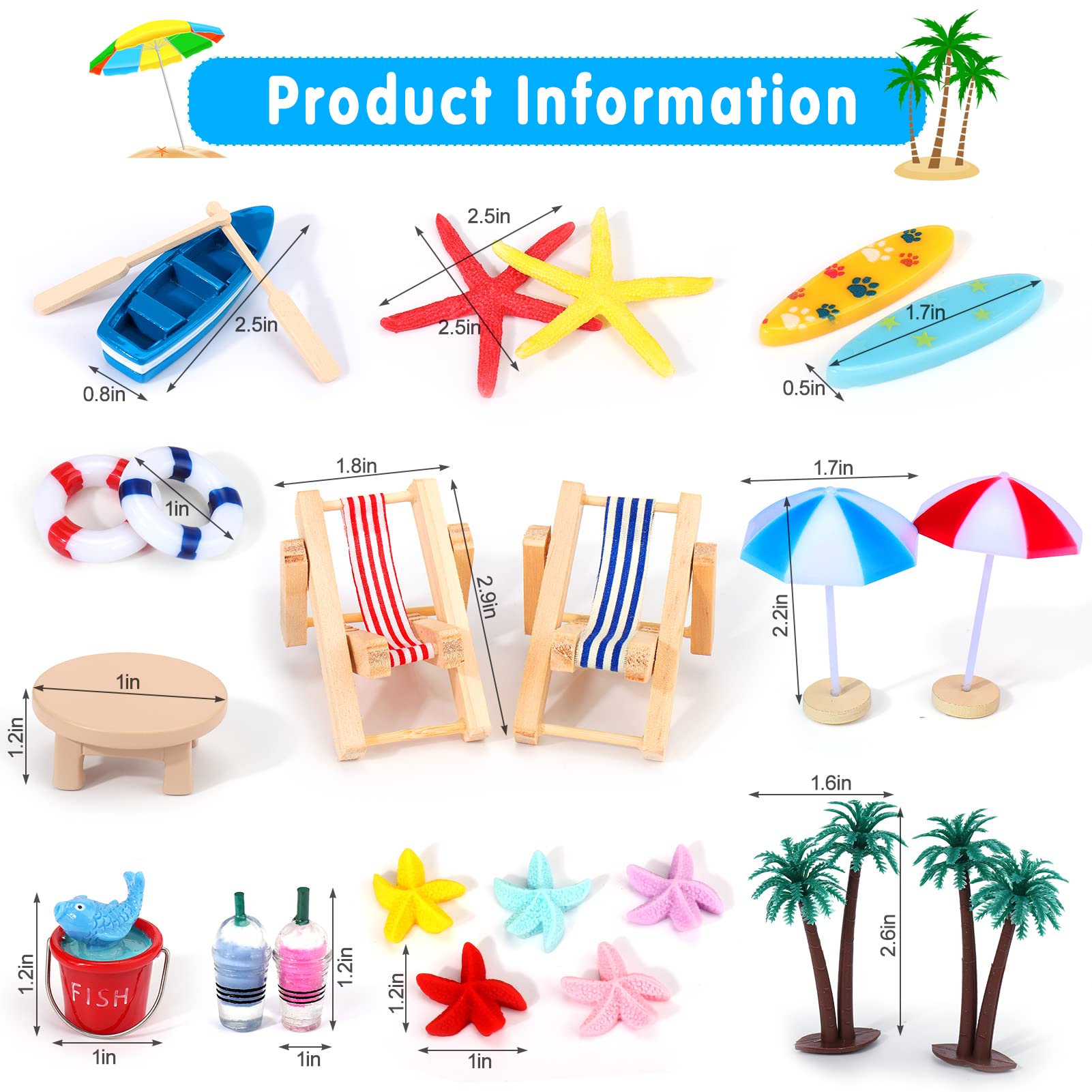 Beach Chair Umbrella Cake Decoration, 24 Pieces Palm Tree Summer Ocean