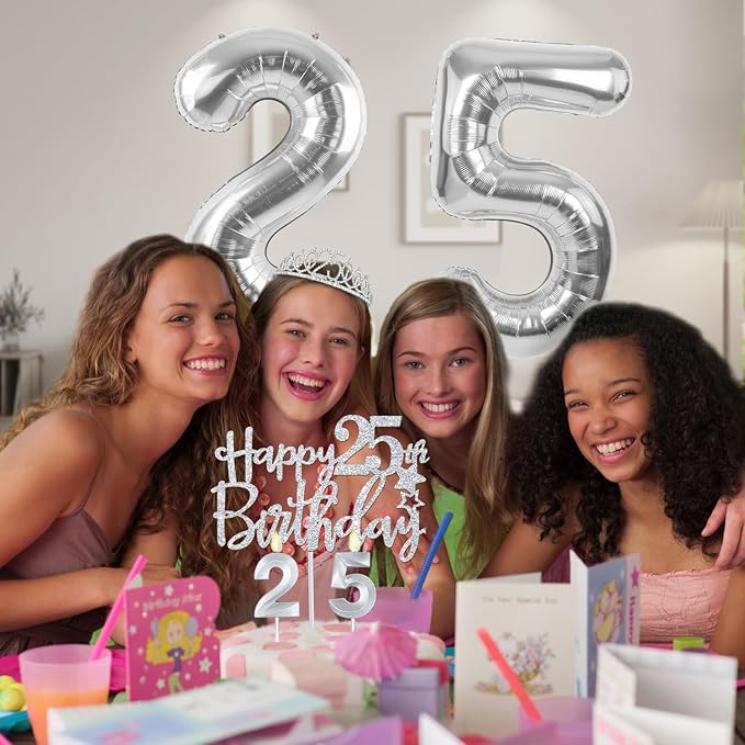 25th Birthday Decorations for Women Silver with 25th Birthday Sash