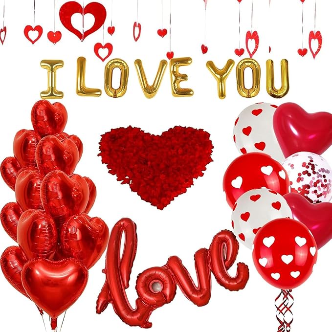 Valentines Day Decorations with Red Heart Balloons and Love Balloon