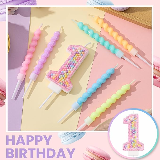 MTLEE Number 1 Birthday Candle with 12 Pcs Spiral Candles for Girls