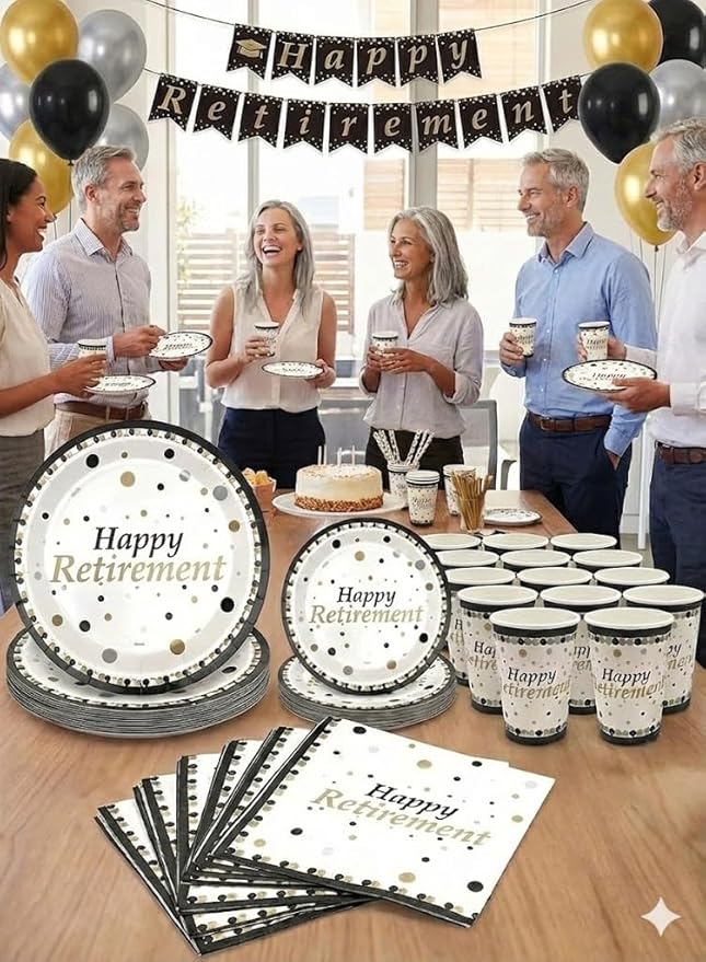 Serves 30 Happy Retirement Complete Party Pack 9 Dinner Paper Plates