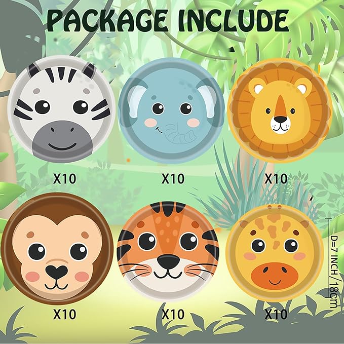 60Pcs Jungle Safari Paper Plates Zoo Animal Print Party Supplies 7