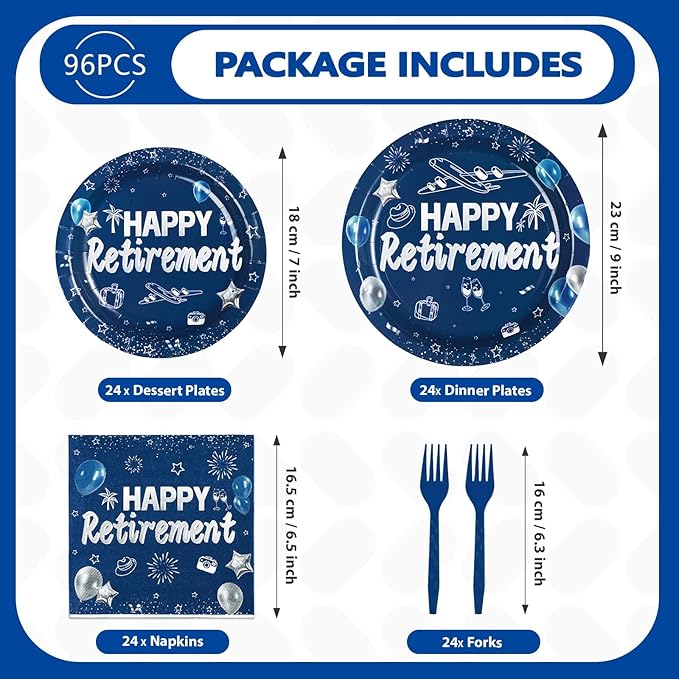 96Pcs Happy Retirement Party Supplies Blue and Silver Plates and