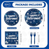 96Pcs Happy Retirement Party Supplies Blue and Silver Plates and