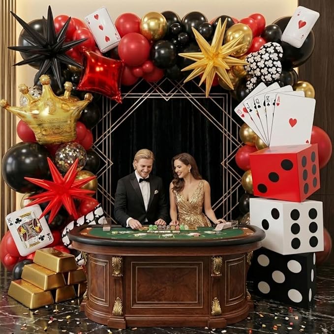 Casino Balloons Arch Kit - Latex Balloons, Dice Boxes, Full Deck of
