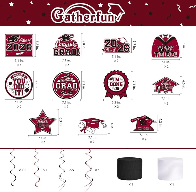 Maroon Themed 2026 Graduation Decorations Set - Congrats Grad Banner,