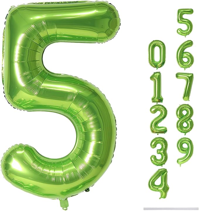 Green Number 5 Balloon for Girls Boys, 40 Inch Large Number 0-9 Foil