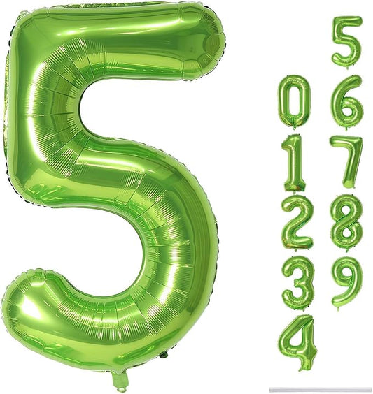Green Number 5 Balloon for Girls Boys, 40 Inch Large Number 0-9 Foil