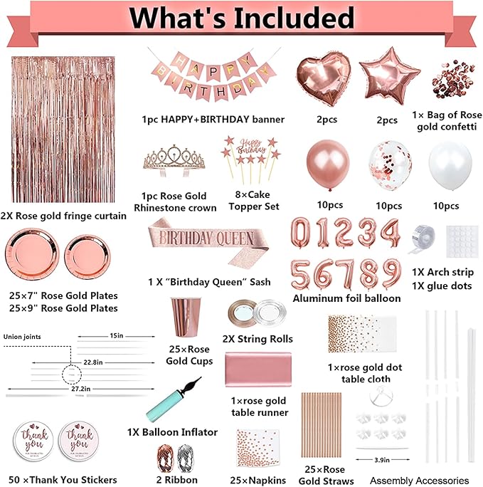 263 Pcs Rose Gold Birthday Decorations for Women All Ages Party