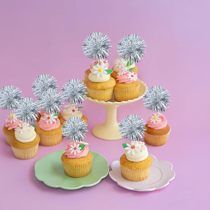 Gyufise 30Pcs Foil Firework Cupcake Toppers Sparkle Tinsel Cake #26