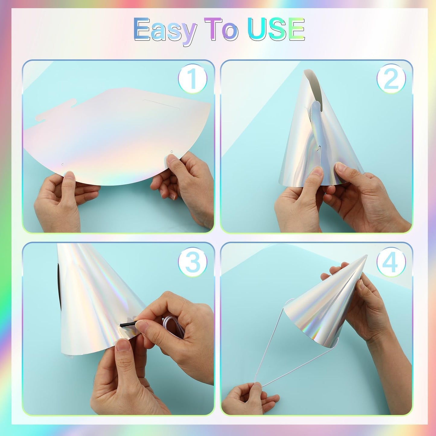 ZOIIWA 48 Pieces Iridescent Party Hats Rainbow Laser Themed Hat