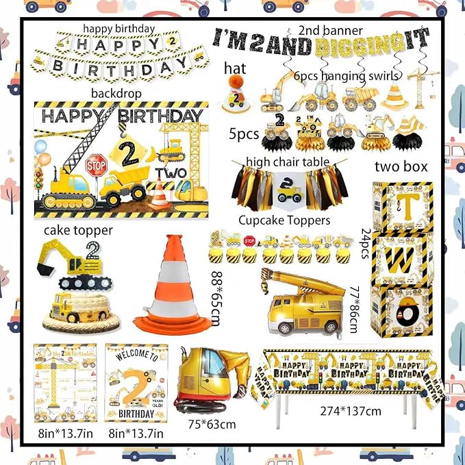 176pcs Construction 2nd Birthday Party Supplies Dump Truck Party