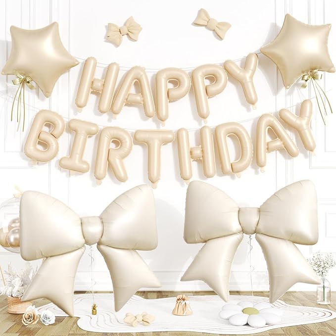 Biapian Apricot Happy Birthday Balloon Banner, 38Inch Bow Aluminum