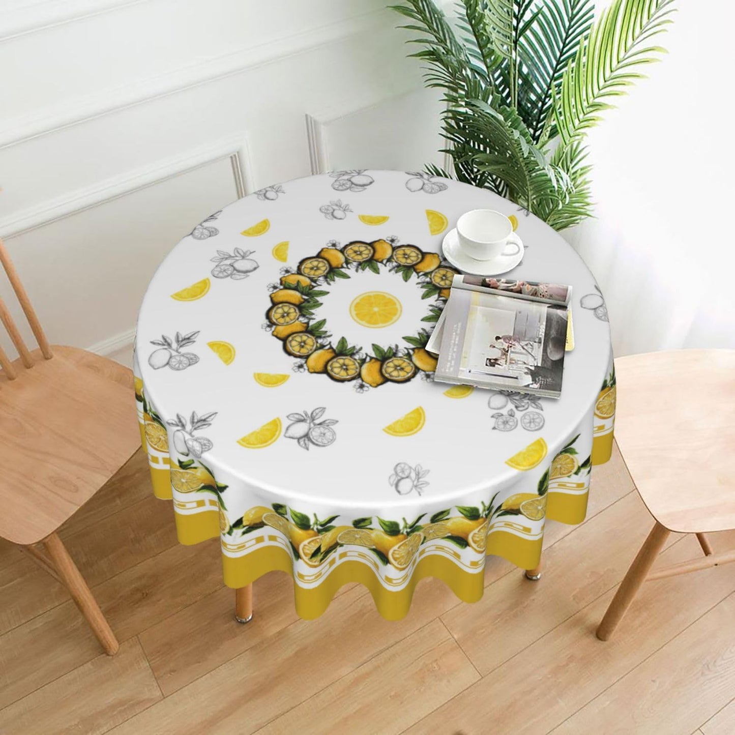 elezan Lemon Round Tablecloth 70 inch, Yellow Citrus Fruit Summer