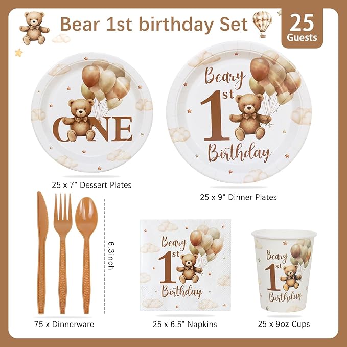 Beary First 1st Birthday Decorations Boy Plates Set 175pcs Teddy
