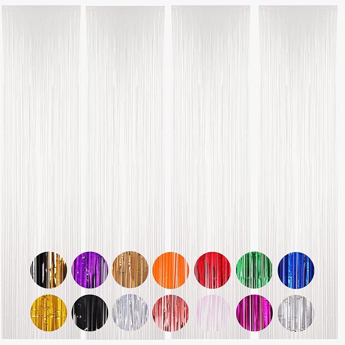 Voircoloria 4 Pack White Foil Fringe Backdrop Curtains, Tinsel
