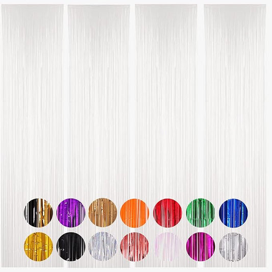 Voircoloria 4 Pack White Foil Fringe Backdrop Curtains, Tinsel
