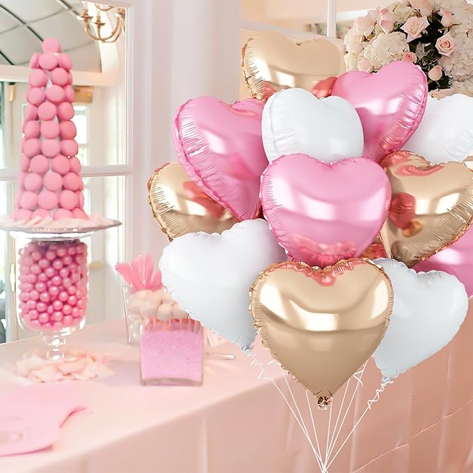 Pink White Heart Balloons,12Pcs Rose Gold Heart Shaped Foil