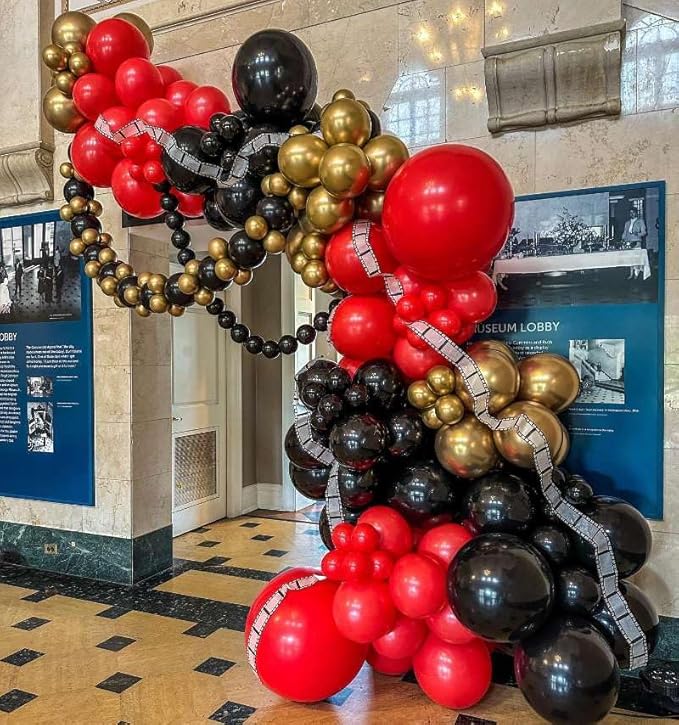 Movie Night Balloon Garland Arch Kit 134pcs Black Red Chrome Gold