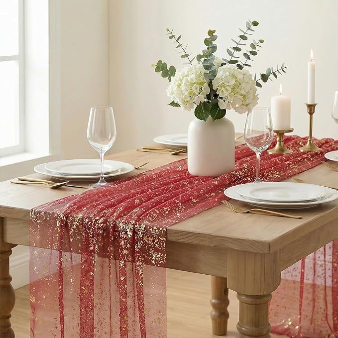 Artoid Mode Red Gold Gauze Table Runner 59x120 Inch 10FT, Glitter