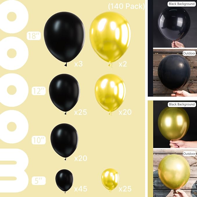 PartyWoo Black and Glod Balloons 140pcs Different Sizes of 18 12 10 5