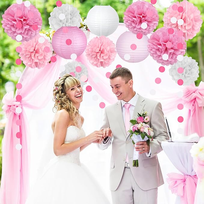 14 Pcs Pink Party Decorations Kit - Tissue Pom Poms, Lanterns & Polka