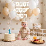 Beige Pre Strung Happy 1st Birthday Banner and One Birthday Hat for