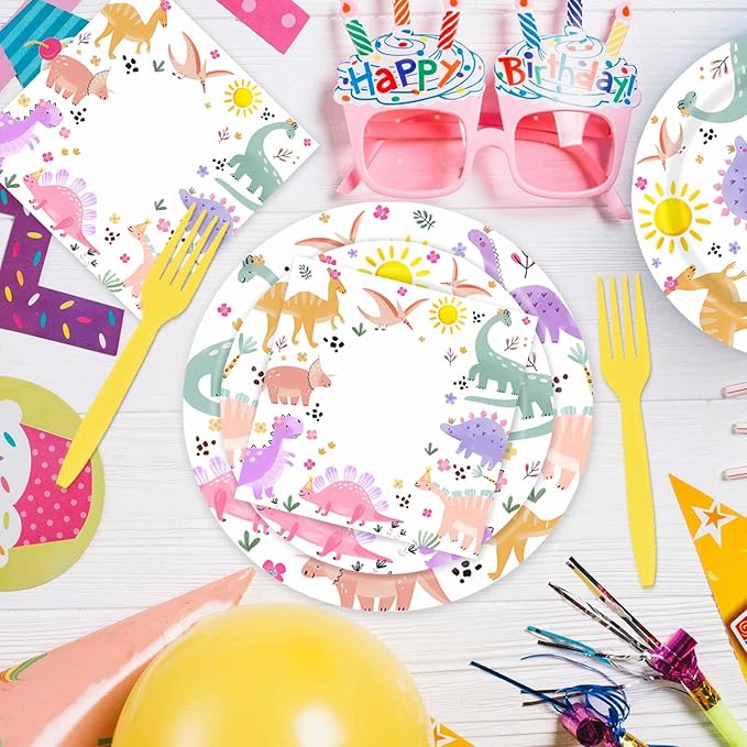 Pastel Dinosaur Plates and Napkins Girl Dino Pink & Purple Three Rex