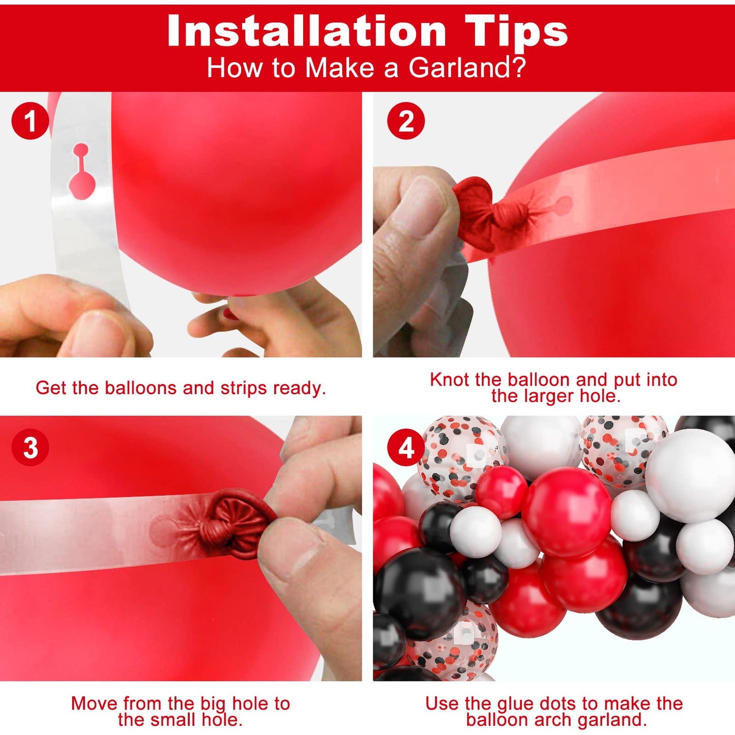 130PCS Red Black White Balloon Garland Arch Kit, 12 10 5 inch Red and