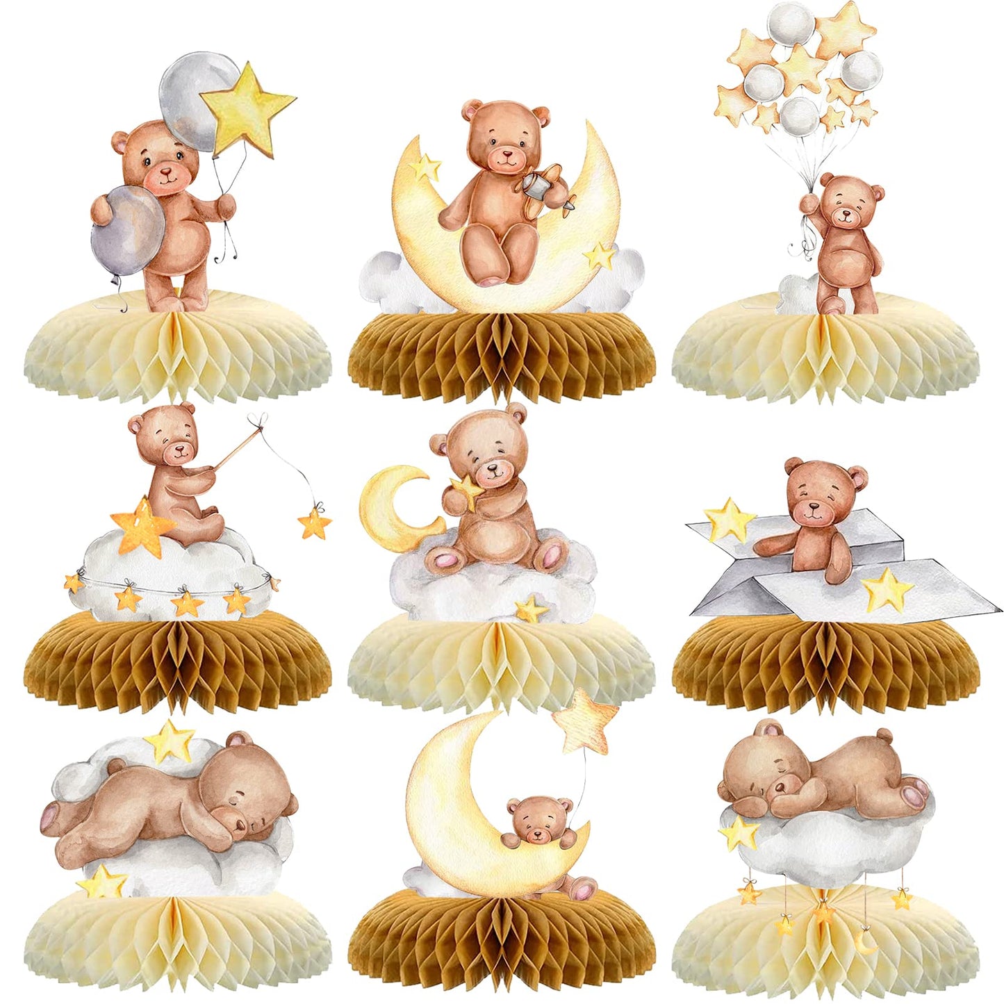 9 Pcs Bear Baby Shower Honeycomb Centerpieces Little Bear Teddy Paper