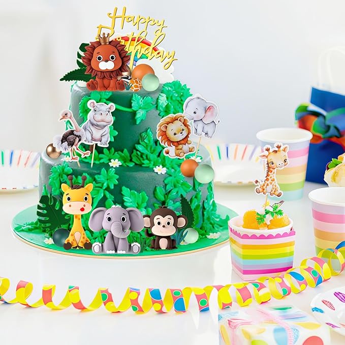 42 Pcs Safari Jungle Animal Cake Toppers Wild One Lion Giraffe