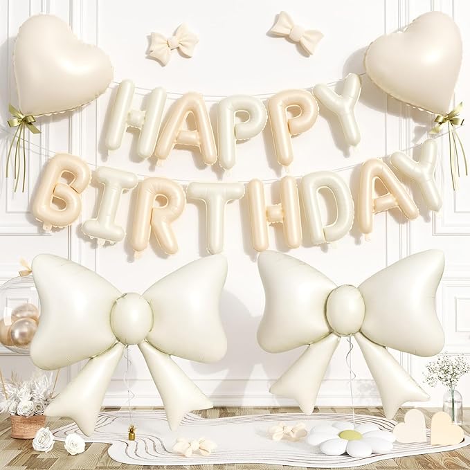 Beige Happy Birthday Balloon Banner, 38Inch Bow Aluminum Foil