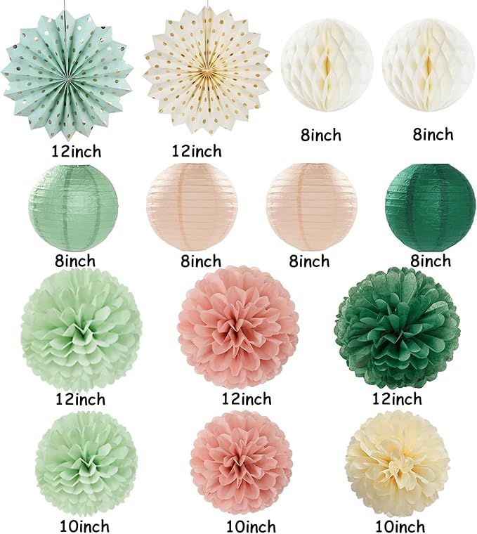 Sage Green Pink Beige Boho Party Decorations Streamers 14pcs Rustic