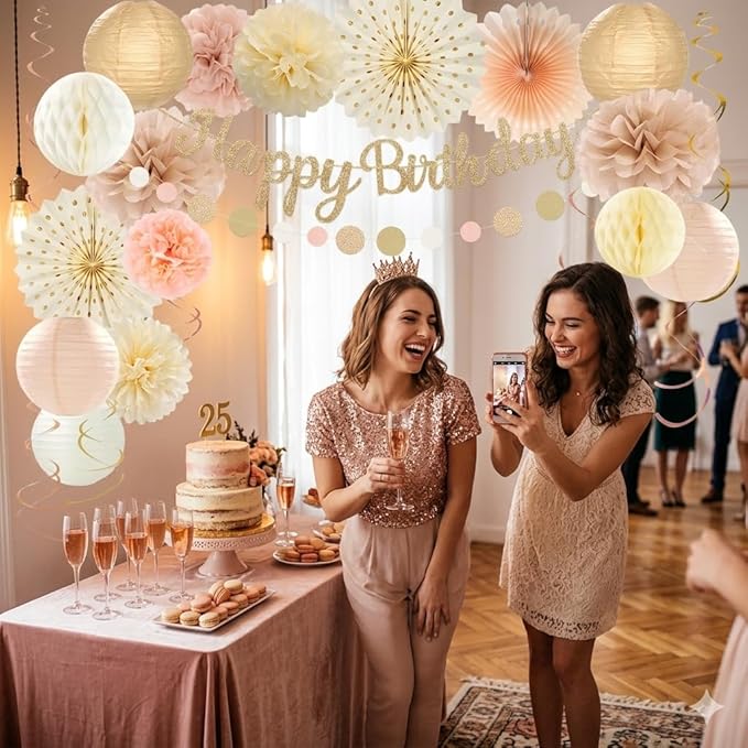 Champagne-Gold Birthday Party Decorations Kit-26 Piece- Glittery