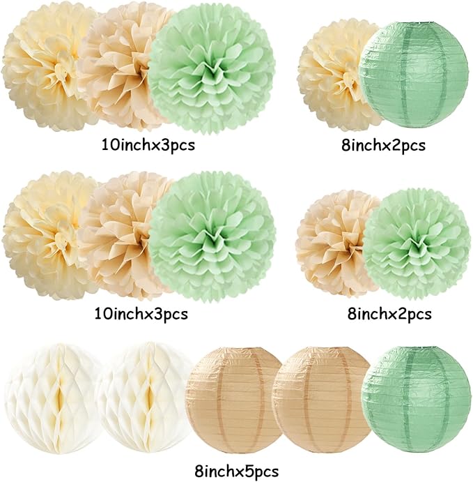 Sage Green Boho Party Decorations Paper Flowers Lanterns